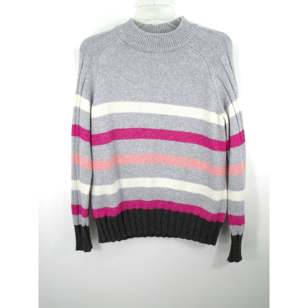 ST. JOHNS BAY Pullover Sweater Women Large Gray Striped Ribbed Mock Neck Retro